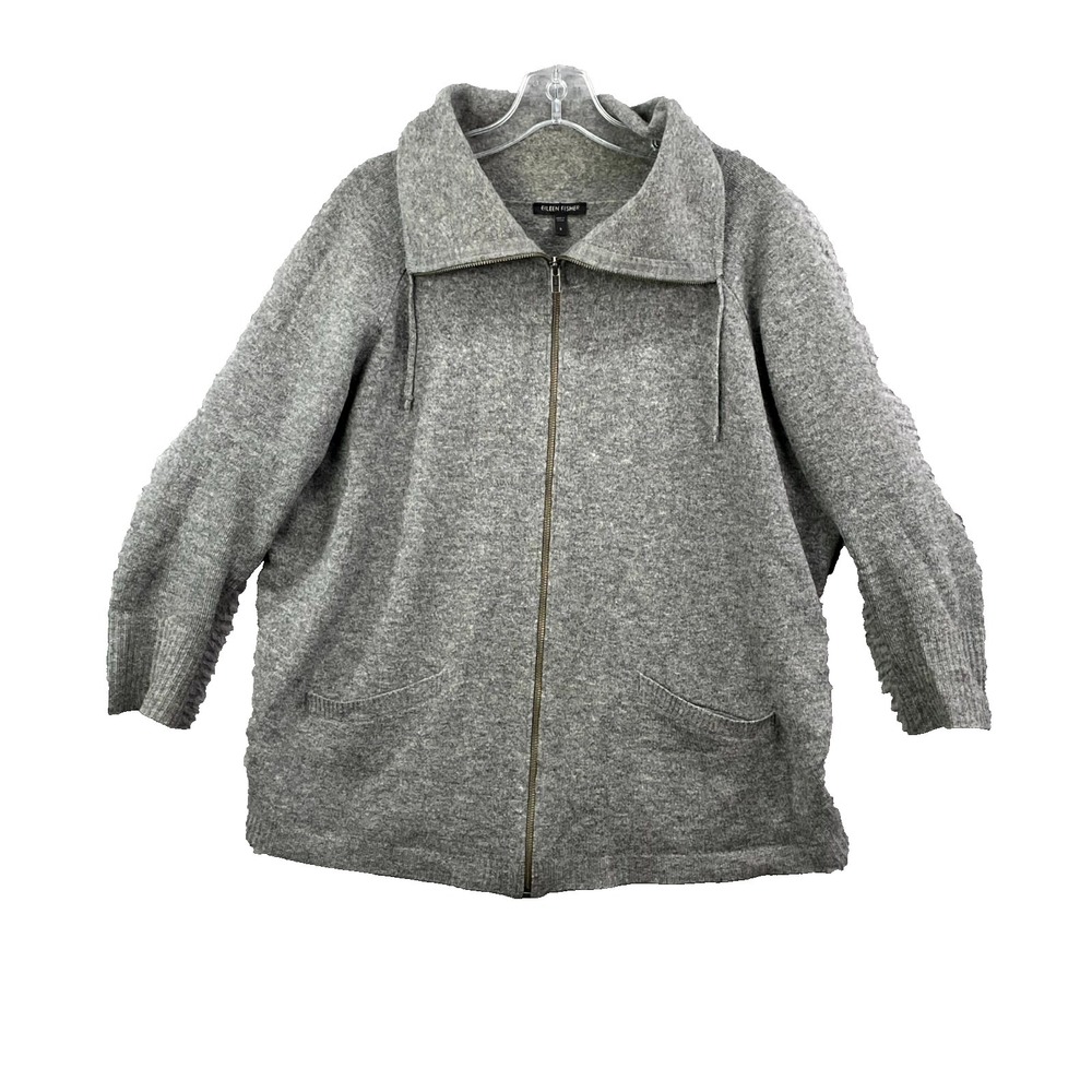 Eileen Fisher Sweater Women Small Heather Gray Drawstring Collar Preppy Academia